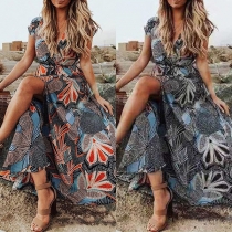 Bohemia Style Floral Printed V-neck Cap Sleeve High-rise Slit Maxi Dress