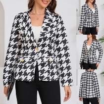Fashion Houndstooth Printed Notch Lapel Long Sleeve Blazer