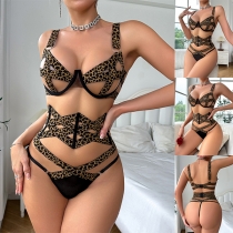 Sexy Leopard Print Criss-cross Cut Out Three-piece Lingerie Set