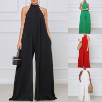 Fashion Solid Color Mock Neck Sleeveless Wide-leg Jumpsuit