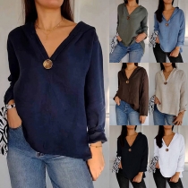 Fashion Button V-neck Long Sleeve Cotton and Linen Hood Shirt