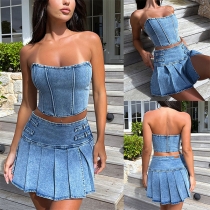 Sexy Old-washed Denim Two-piece Set Consist of Strapless Crop Corset Shirt and Pleated Skirt