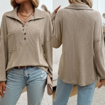 Fashion Button V-neck Long Sleeve Patch Chest Pockets Knitted Shirt