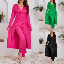 Fashion Solid Color Two-piece Set Consist of Front Slit Shirt and Pants