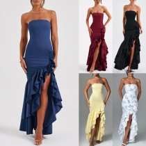 Sexy Strapless Ruffle Side Slit Irregular Hemline Party Dress