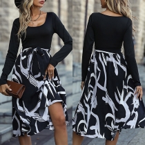 Fashion Square Neck Long Sleeve Self-tie Waist Printed Dress