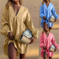 Casual Solid Color V-neck Puff Long Sleeve Cotton and Linen Dress