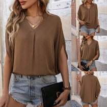 Fashion Solid Color V-neck Batwing Sleeve Shirt