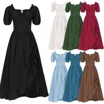 Vintage Self-tie Square Neck Short Sleeve High-rise Ruffle Irregular Hem Linen Dress