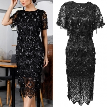 Fashion Sequin Tassel Crew Neck Short Sleeve Party Dress