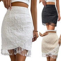 Fashion Floral Jacquard Irregular Tassel Hemline High-rise Skirt