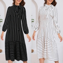 Fashion Vertical Striped Printed Self-tie Crew Neck Long Sleeve Midi Dress
