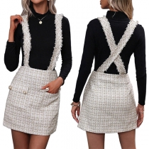 Fashion Plaid Pearl Patch Pockets Suspender Skirt