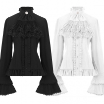 Fashion Mock Neck Long Sleeve Lace Spliced Ruffle  Shirt