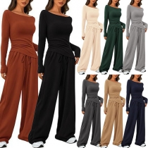 Fashion Solid Color Two-piece Set Consist of Slim-fit Shirt and Wide-leg Pants