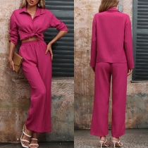 Fashion Solid Color Two-piece Set Consist of Blouse and Straight-cut Pants