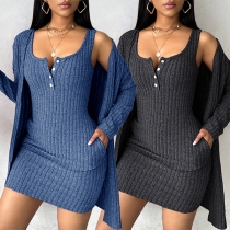 Fashion Ribbed Two-piece Set Consist of Long Sleeve Cardigan and Button V-neck Tank Dress