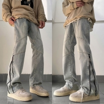 Street Fashion Side Zipper Loose Old-washed Denim Pants for Men