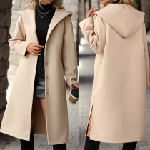 Fashion Lapel Hooded Long Sleeve Side Slit Long-line Jacket