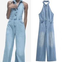 Street Fashion Halter Neck Sleeveless Front Button Straight-cut Denim Jumpsuit