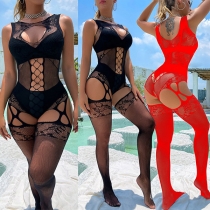 Sexy Mesh-net Front Cutout Lace Elastic Lingerie Jumpsuit