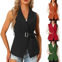 Fashion Solid Color Lapel Sleeveless Vest with Belt