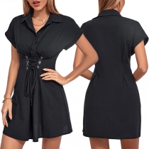 Fashion Stand Collar Cap Sleeve Front Button Lace-up Cinch Waist Shirt Dress