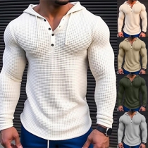 Fashion Long Sleeve Button V-neck Drawstring Hooded Texture Shirt for Men