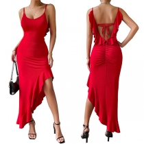 Sexy Square Neck Backless Ruched Irregular Hemline Party Dress