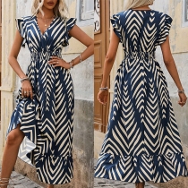 Fashion Printed V-neck Ruffle Short Sleeve High-rise Midi Dress