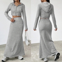 Fashion Gray Two-piece Set Consist of Hooded Crop Jacket and Maxi Skirt