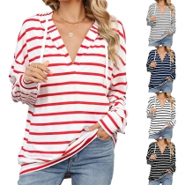 Fashion Stripe Printed V-neck Long Sleeve Drawstring Hooded Sweatshirt