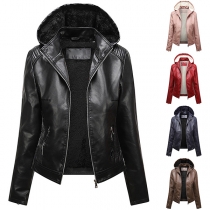 Fashion Plushed-lined Long Sleeve Hooded Artificial Leather PU Jacket