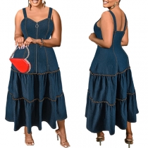 Fashion Front Zipper Sweetheart Neckline Tiered Denim Dress