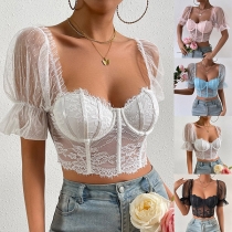 Sexy Sweatshirt Neckline Puff Short Sleeve Semi-through Lace Crop Corset Shirt