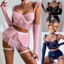 Sexy Chain Gauze Spliced Semi-through Four-piece Lingerie Set