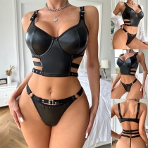 Sexy Buckle Side Cut Out Artificial Leather PU Two-piece Lingerie Set