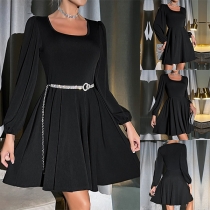 Fashion Square Neck Long Sleeve High-rise Black Dress