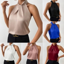Fashion Halter Neck Sleeveless Satin Shirt