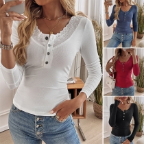 Fashion Hollowout U-neck Button Long Sleeve Ribbed Shirt