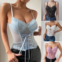 Sexy Lace Spliced Gauze Sweetheart Neckline Lace-up Cami Corset Shirt