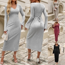 Fashion V-neck Long Sleeve Self-tie Ribbed Bodycon Dress
