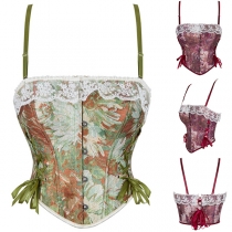 Vintage Floral Printed Lace Spliced Square Neck Side Lace-up Corset Shirt