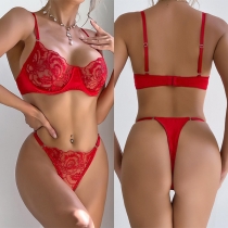 Sexy Floral Embroidery Red Two-piece Lingerie Set