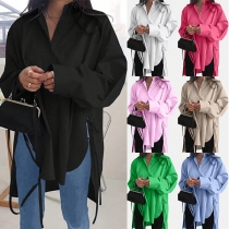 Fashion Solid Color V-neck Long Sleeve Side Slit Blouse