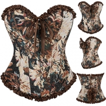 Gothic Style Floral Printed  Strapless Ruffle Sweetheart Neckline Front Buckle Back Lace-up Corset Shirt