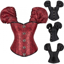 Gothic Style Jacquard Puff Short Sleeve Sweetheart Neckline Front Buckle Back Lace-up Corset Shirt