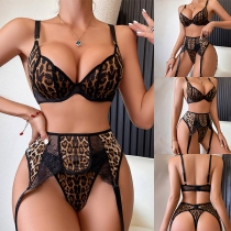 Fashion Leopard Printed Lace Spliced Three-piece Lingerie Set