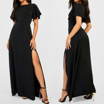 Fashion Crew Neck Short Sleeve Side Slit Maxi Dress