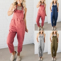 Casual Front Pockets Loose Old-washed Denim Suspender Jumpsuit